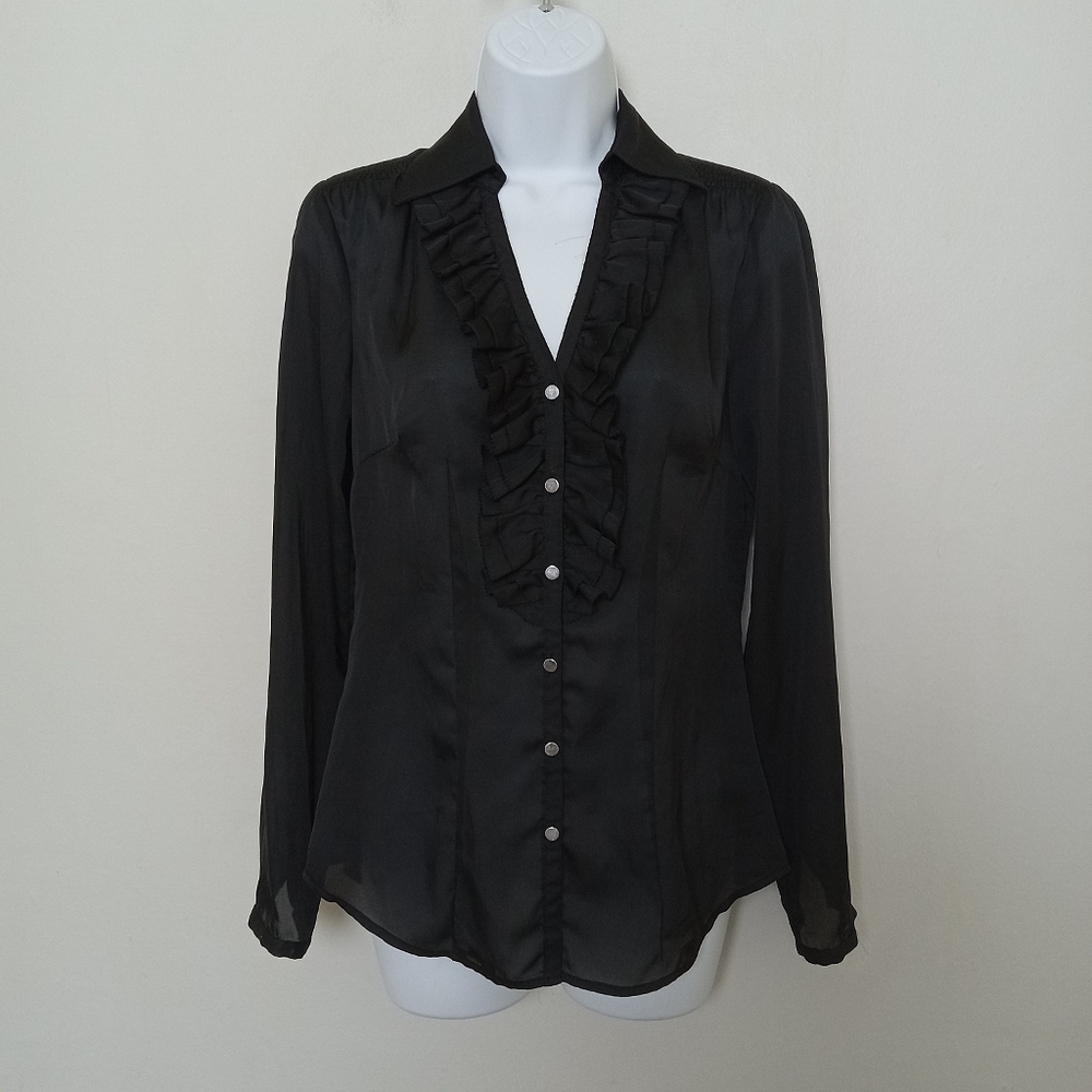 White House Black Market Size 0 Semi-Sheer Ruffle Front Long Sleeve Black Blouse